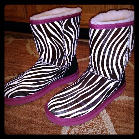 UGG Shoes - UGG Black & White Zebra & Pink Trim Furry Boots 7